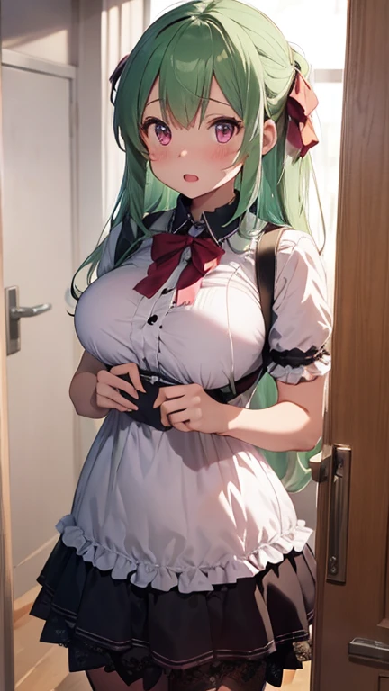 ultra-detailed, masterpiece, perfect anatomy, Precise, High Quality, best quality, high resolution, (beautiful detailed eyes:1.8), (1 lady:1.6), 24 old, extra long hair,(bangs:1.4), (hair between eyes:1.5),wavy hair,(green hair:1.4), green eyes, (large breast:1.4), (crossed bangs, curvy:1.2) , hairs between eyes,(nun:1.4), light leaks, ancient church, stained glass, (completely nuded boy, sex from behind, ecstasy face, ahegao, slaver, dynamic, hard, nose brush, nipples, skirt lift:1.6), (closed eyes:1.8)