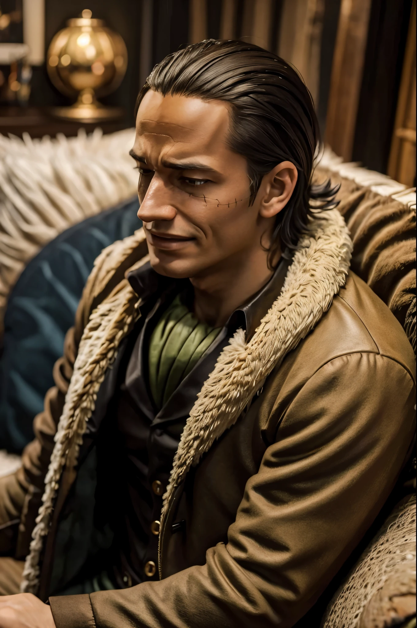 masterpiece, best quality, extremely detailed, hyperrealistic, photorealistic, a cool 40s man, ultra detailed face:1.2, fur-trimmed coat, scarf around the neck, his left hand is a golden pirate hook:1.1, living room, sitting on sofa, laughing