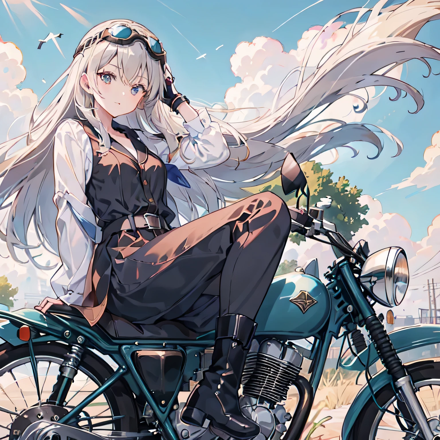 (Ride a classic motorcycle )、（Goggles and helmet）、 summer, Wind, scratch, sun,, Perfect face and blonde hair、Wearing a light summer dress、Delicate beauty in black boots、