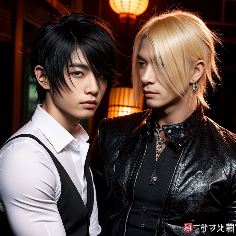 1 man, Japanese man, male, Asian eyes, muscular, broad shoulders, dragon tattoos, hairstyle Visual Kei style, hair Visual Kei, black men's shirt and black pants, ultra detailed face, hyperrealistic, realistic representation, long hair, long hair, 30 years old, age 30 years, blond, blonde hair