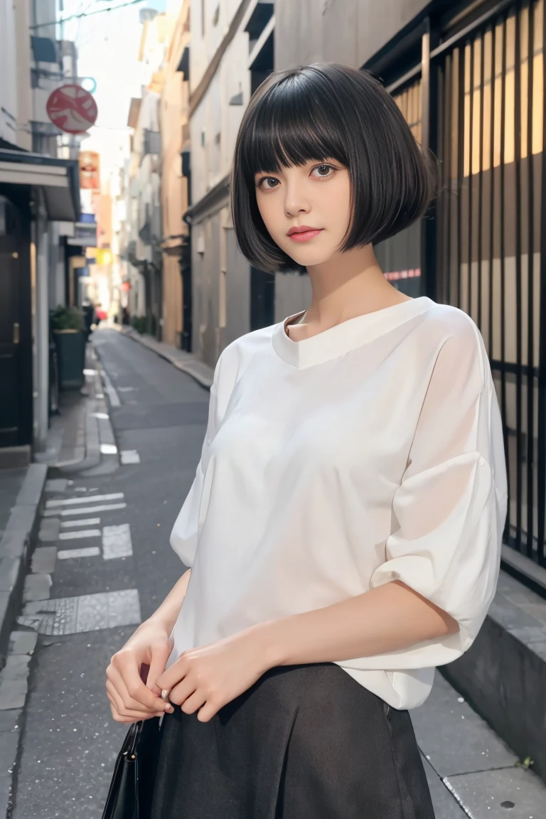 (((masterpiece, highest quality, Super detailed))), 1 female, (((very thin body))) , (((length, thin legs))), (((black bowl cut hair, thick and fluffy bangs ))), (((highly detailed face))), cosmetics free, small and thin nose, small thin mouth, (((Very sharp focused eyes))), Japanese, beautiful face, (lifelike face), beautiful hairstyle, realistic eyes, fine and beautiful eyes, (real looking skin), beautiful skin, charm, ultra high resolution, surreal, high detail, golden ratio, (detail makeup:1.2),"While walking through the city at night、What suddenly caught my eye was、A small alley illuminated by beautiful neon lights。When you step into that alley、I see a large shadow projected on the wall。in that shadow、あなたが身に着けているランジェリーがcharm的に映し出されています。The surrounding lights block out the hustle and bustle of the city.、became the sole focus