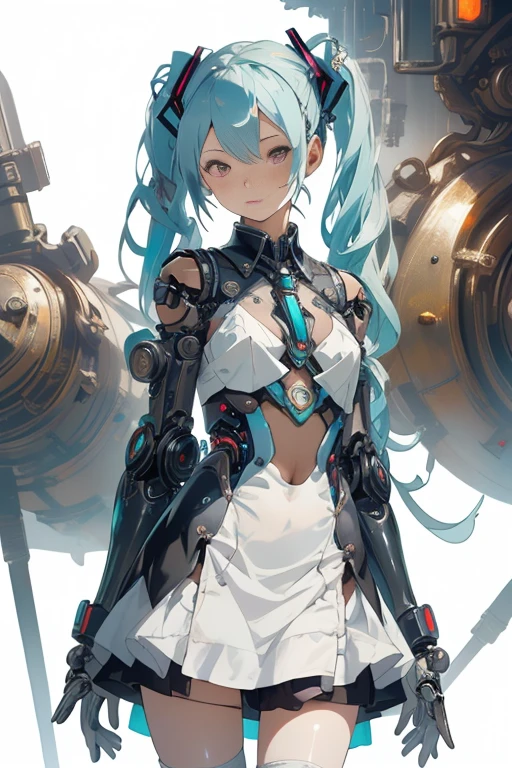 cyberpunk,Hatsune Miku,(see through:1.5),maid (1 girl),Colored inner hair,long twintails,(proportional face),(toy doll),((toy doll joints:1.5,Manipulator:1.5)),((silver armor dress)),White translucent metallic leather,(Mechanical joint: 1.4),mechanical limbs,very shiny skin,shining body,white plastic glitter skin,wet legs,only_Shoulder,Delicate metal decoration,sleeveless,mini skirt,boots,low camera angle,((bright colors)),(complicated background),(Delicate images),(Photorealistic: 1.4),(Highly detailed),(high resolution),(Best quality),(masterpiece)