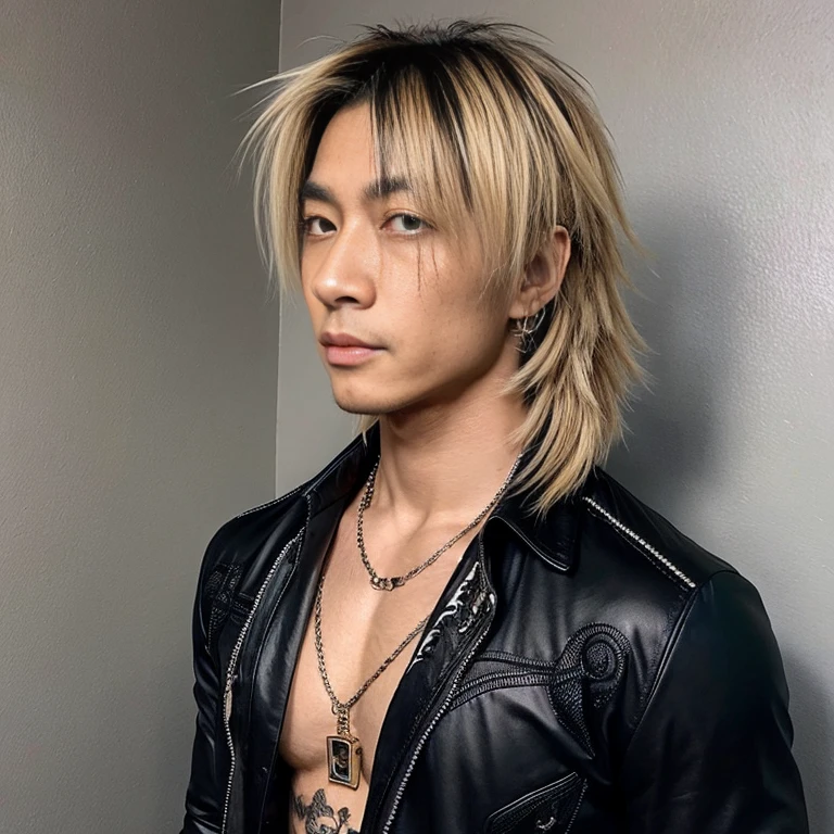 1 man, Japanese man, male, Asian eyes, muscular, broad shoulders, dragon tattoos, hairstyle Visual Kei style, hair Visual Kei, black men's shirt and black pants, ultra detailed face, hyperrealistic, realistic representation, long hair, long hair, 30 years old, age 30 years, blond, blonde hair