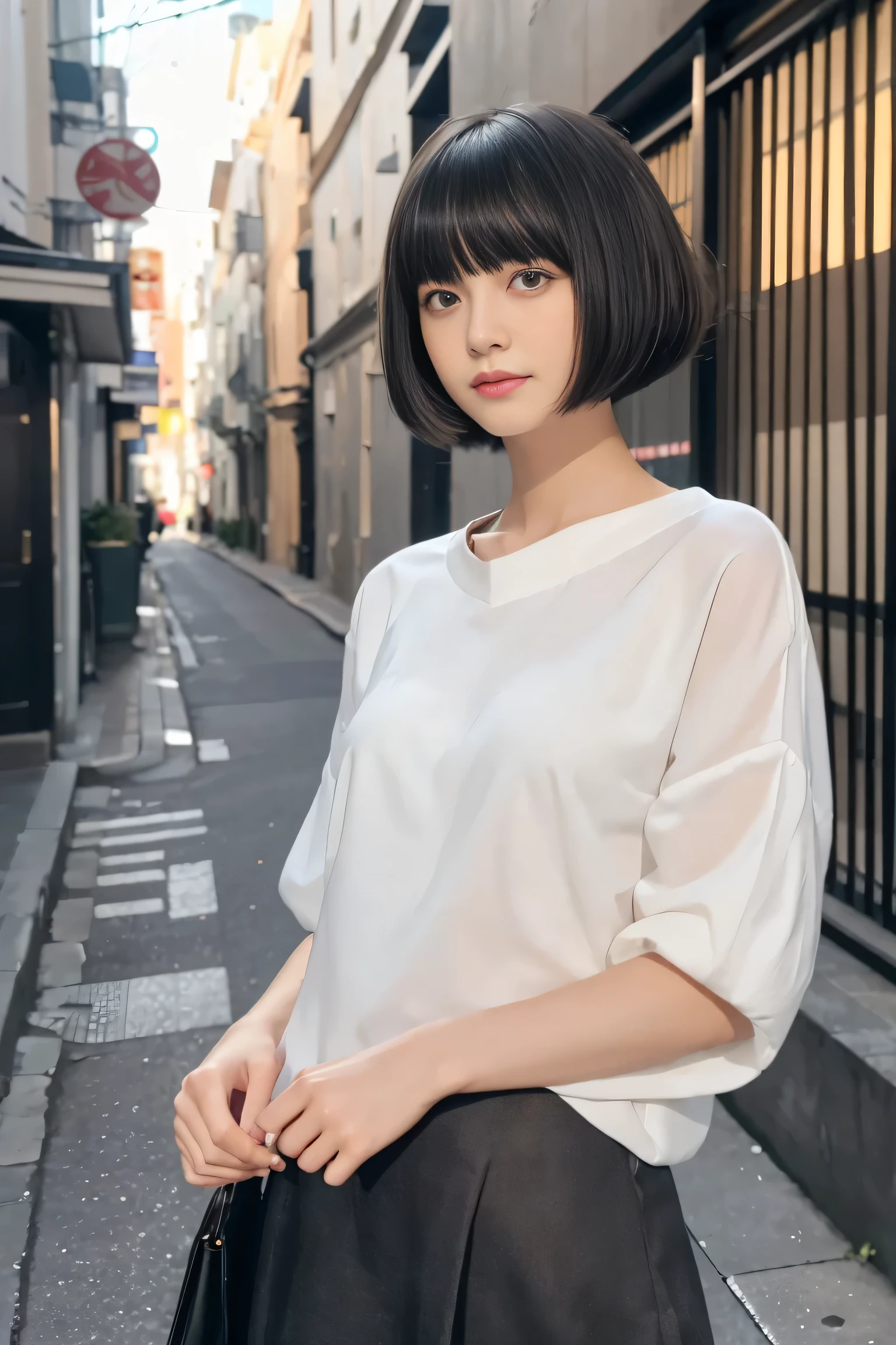 (((masterpiece, highest quality, Super detailed))), 1 female, (((very thin body))) , (((length, thin legs))), (((black bowl cut hair, thick and fluffy bangs ))), (((highly detailed face))), cosmetics free, small and thin nose, small thin mouth, (((Very sharp focused eyes))), Japanese, beautiful face, (lifelike face), beautiful hairstyle, realistic eyes, fine and beautiful eyes, (real looking skin), beautiful skin, charm, ultra high resolution, surreal, high detail, golden ratio, (detail makeup:1.2),"While walking through the city at night、What suddenly caught my eye was、A small alley illuminated by beautiful neon lights。When you step into that alley、I see a large shadow projected on the wall。in that shadow、The lingerie you wear is displayed charmingly。The surrounding lights block out the hustle and bustle of the city.、became the sole focus
