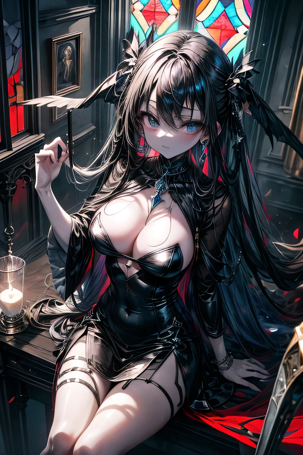 1 girl, mysterious expression, sharp eyes, long flowing black hair, gothic costume, enigmatic smile, pale complexion, Elegant Features BREAK Dramatic High Angle Shot, (bird's eye view:1.2), symmetrical configuration, Pure white monochrome, deep shadow, subtle highlights, Unforgettable mood, Artistic details BREAK ancient cathedral, stained glass window, Ornate pillars, flickering candle, fantastic atmosphere, Secret Whispers, timeless beauty, disorganized, High resolution, Individuality, masterpiece,swimsuit、restraint、Ahegao、Completely naked、big breasts、big breasts、restraint、rape