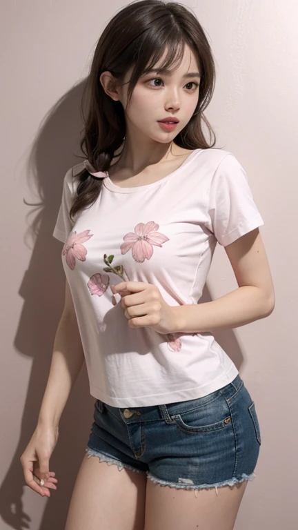 pink thin flower pattern T-shirt , Short pants , medium breast