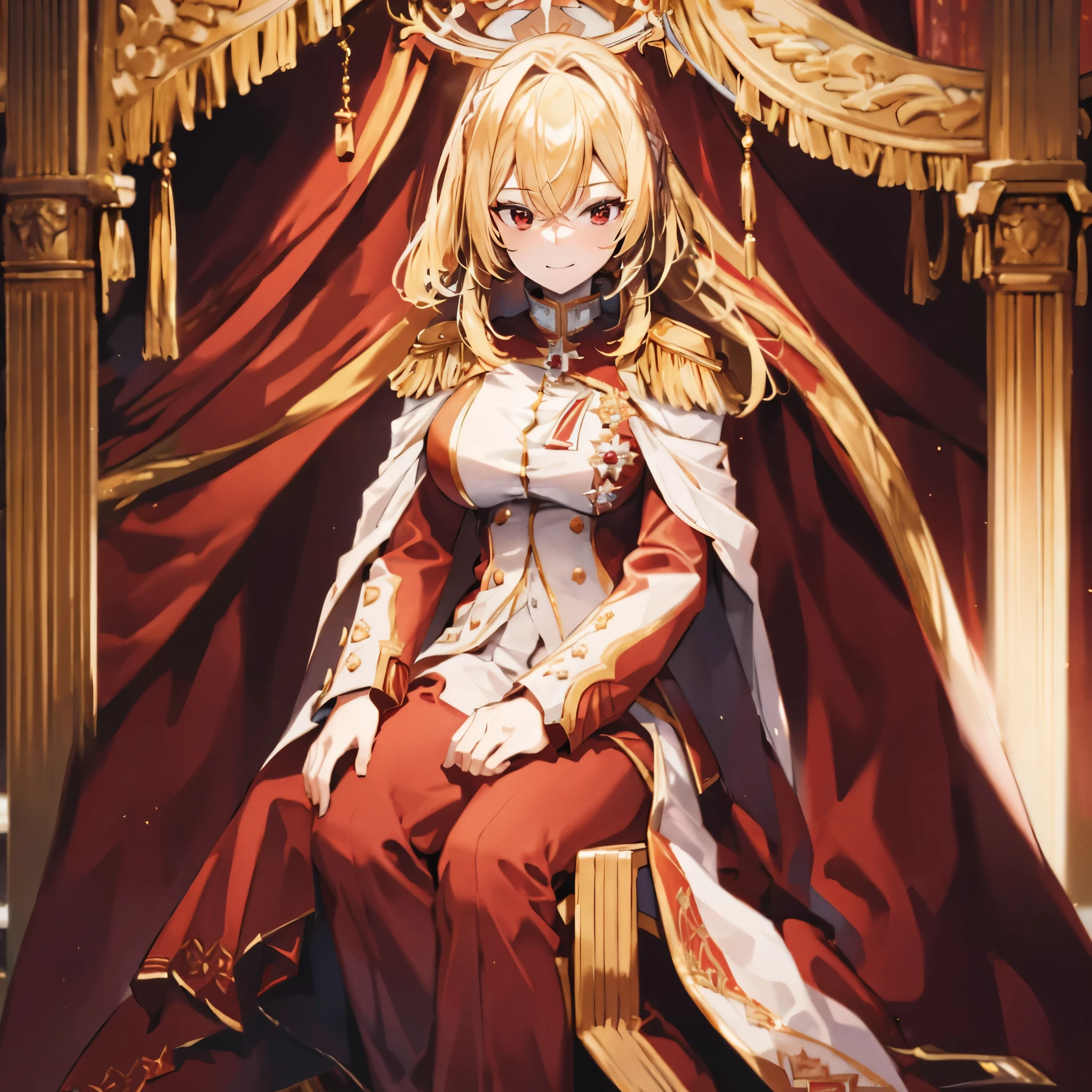 a woman wearing a red military dress with white details, with golden shoulder pads, blonde hair, red eyes, smiling, on a royal throne, around a large room with pillars, ultra detailed, ultra resolution, masterpiece, 4k HD, HDR.