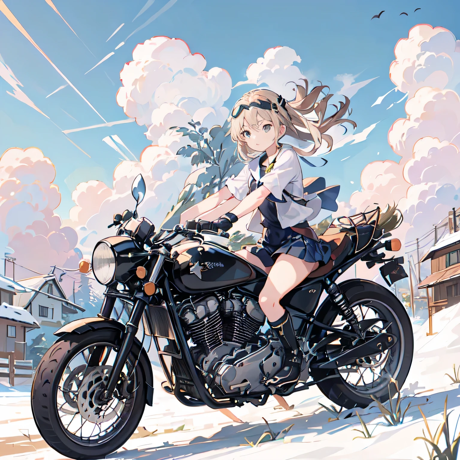 (Ride a classic motorcycle )、（Goggles and helmet）、 summer, Wind, scratch, sun,, Perfect face and blonde hair、Wearing a light summer dress、Delicate beauty in black boots、