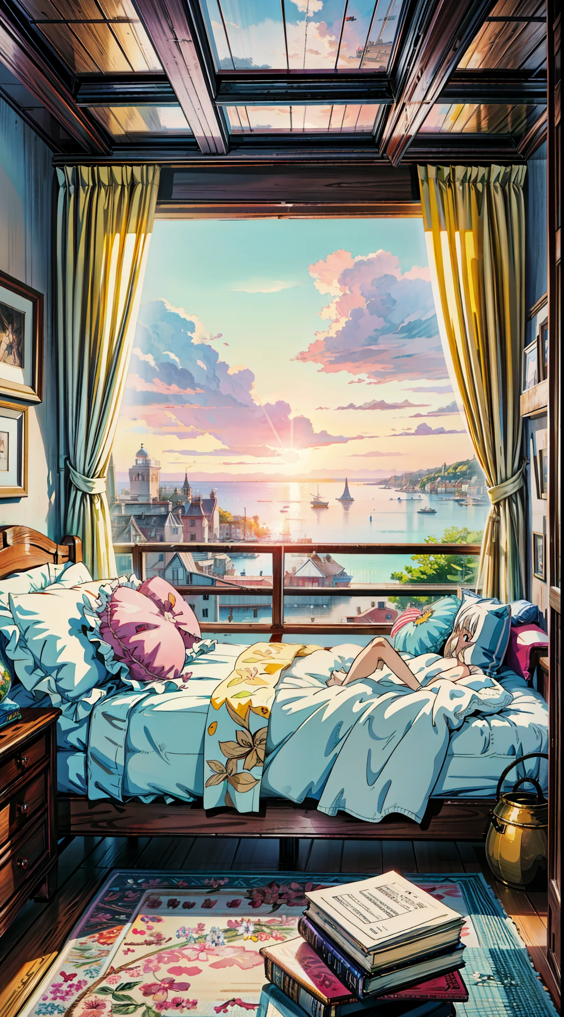 a bedroom with a view of the ocean, personal room background, anime. by makoto shinkai, a sunny bedroom, alena aenami and artgerm, anime scenery, by Makoto Shinkai, by makoto shinkai, bedroom background, dream scenery art, anime landscape, bedroom in studio ghibli, makoto shinkai and artgerm, 4k hd,, beautiful art uhd 4 k, a beautiful artwork illustration, beautiful digital painting, highly detailed digital painting, beautiful digital artwork, detailed painting 4 k, very detailed digital painting, rich picturesque colors, gorgeous digital painting,no human
