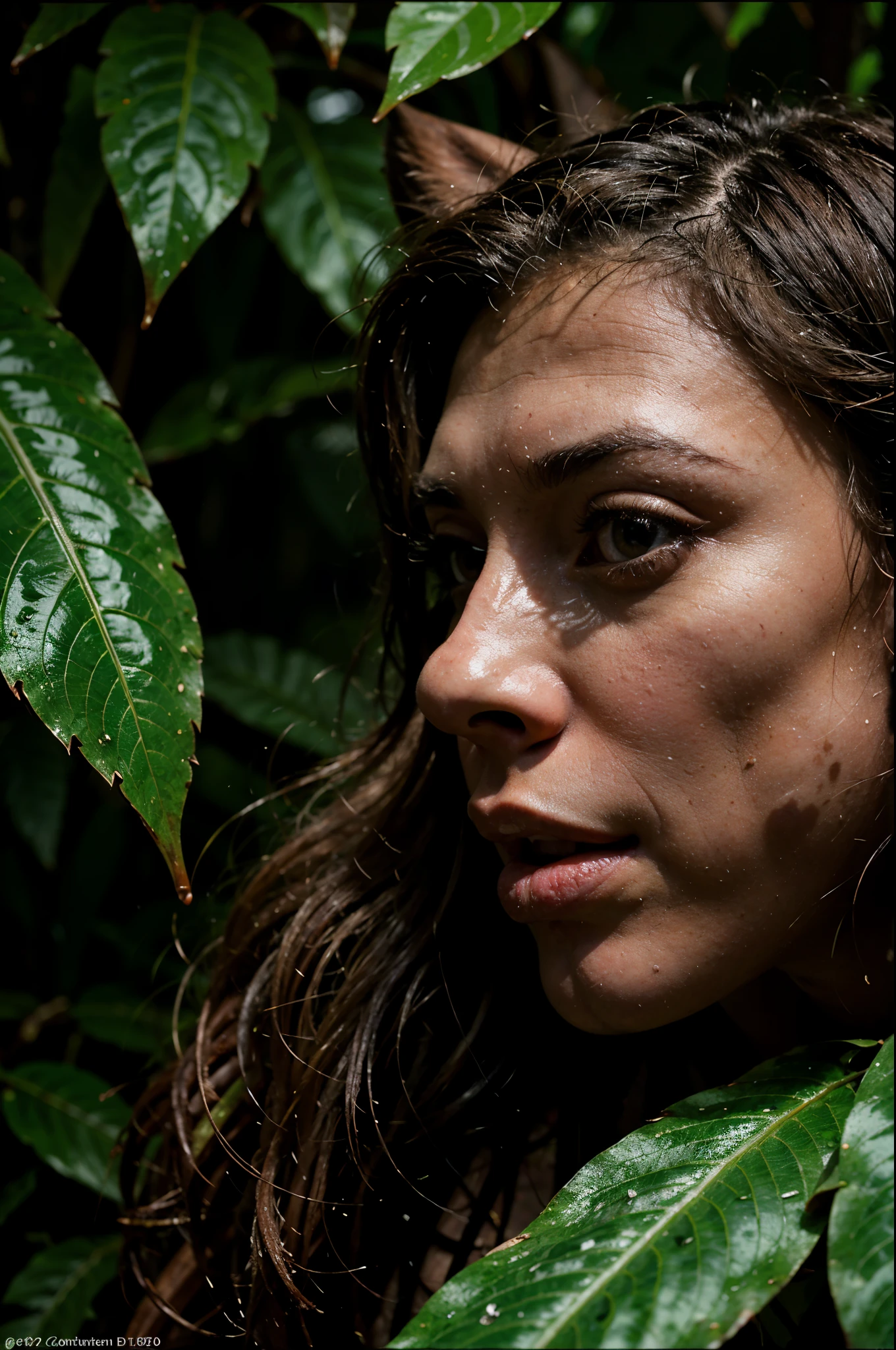 real photo of a boar, hidden in jungle, face covered by plants, spy on viewer, hunting ,deterrent, breathtaking,fierce, rainy, ultra-detailed eyes, intricate details, detailed texture, light source contrast, (dramatic shadows, Cinematic Light, Depth of field, film grain, noise, dark background