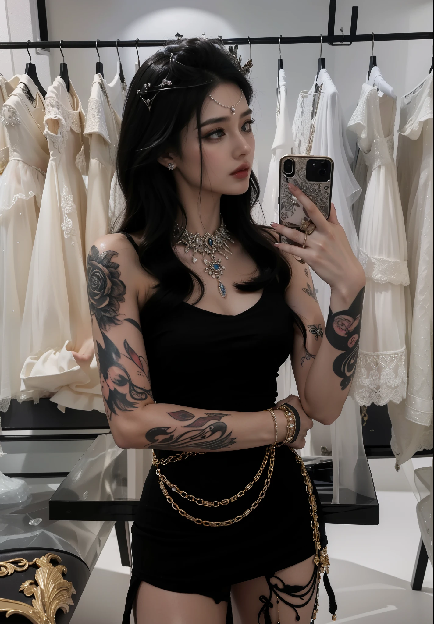 (masterpiece, best quality)
1girl, solo, messy black hair,  circular framed glasses, lips,  tattoo, realistic, blue eyes, medium length hair, slender body, torn white dress, eyeliner, almost naked