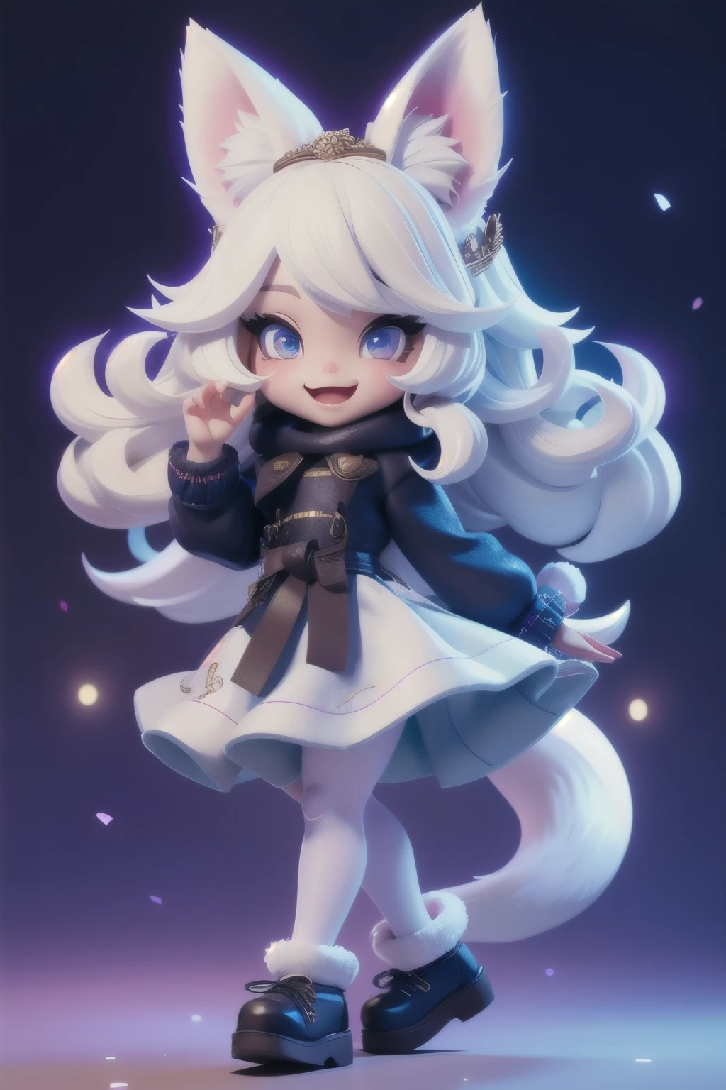 A girl with impressive white hair、Fox ears and tail、Hair Ornament、Black pantyhose、No sleeve、smile、cute shoes with accessories