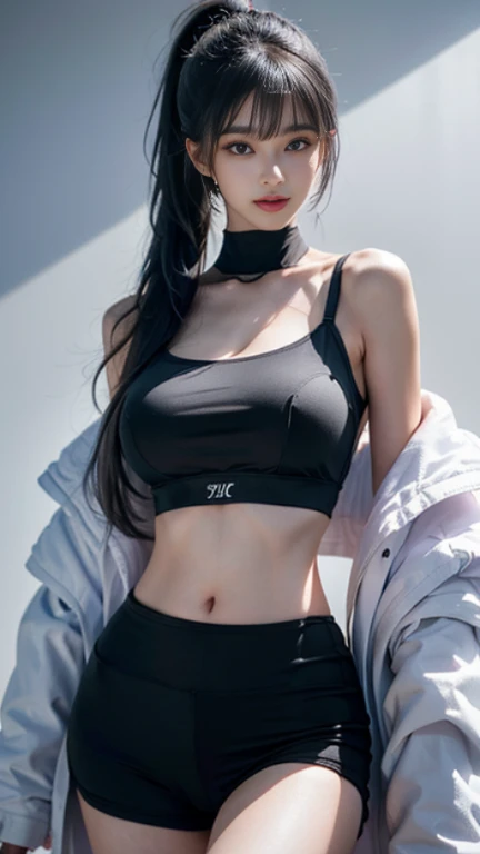 masterpiece,best quality,high resolution,8 thousand,Focus on more than your thighs,RAW photos,digital photography,(Sci-fi style female family),20 year old girl,Long ponytail hairstyle,through bangs,(purple eyes),(gray hair),plump ,felling,elegant and noble,serious and indifferent,open white coat,black camisole bra,Rich details,shut up,Show me your belly button,icate ornaments,cyberpunk futuristic style,(female scholar),Photo Pose,white background,oc rendering reflection texture