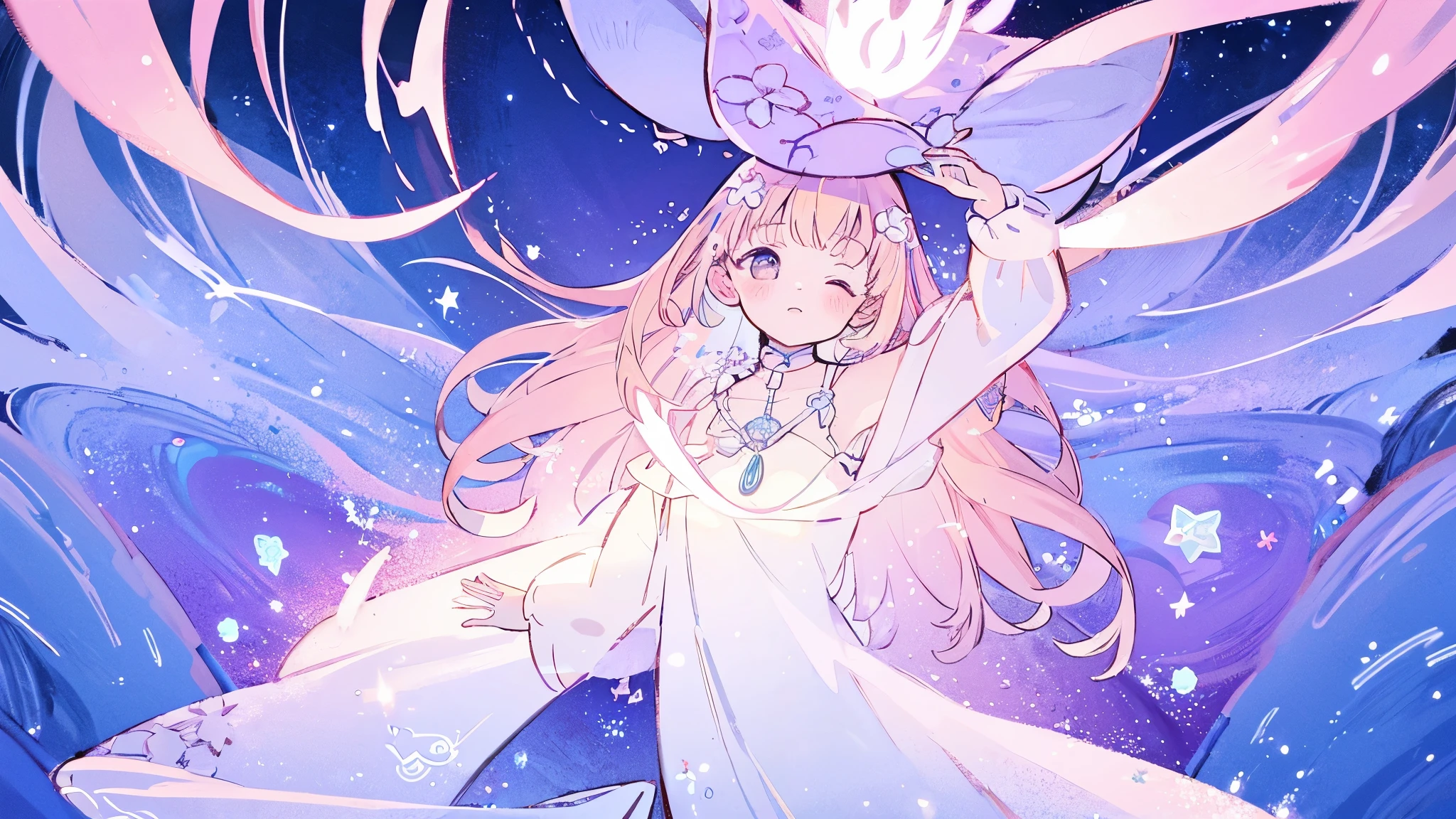 complex background, wishing star background, a woman wearing an ethereal mystical pink translucent dress that reflects the stars, perfume promo art, mystic, complex drawing, highly detailed, Covergirl brand, promo art, artistic rendition, ethereal, starry night, midjourney style