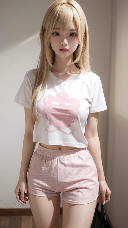 pink thin flower pattern T-shirt , Short pants , blonde long hair , medium breast