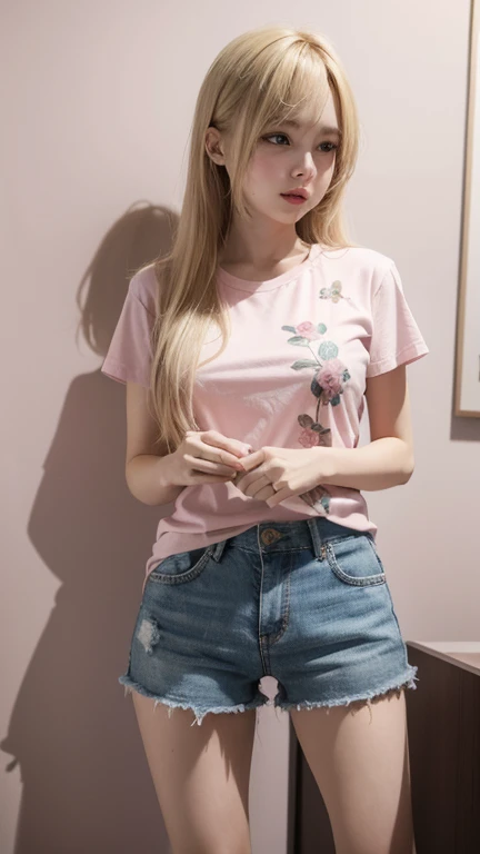 Cute European 12 years old girl with  bright pinky large  long sleeve t-shirt jersey , and jeans  in low,  well ironed clothes, in his girly fabulous room, realistic, 4k, hdr, , bright color grading, basic body, simple body