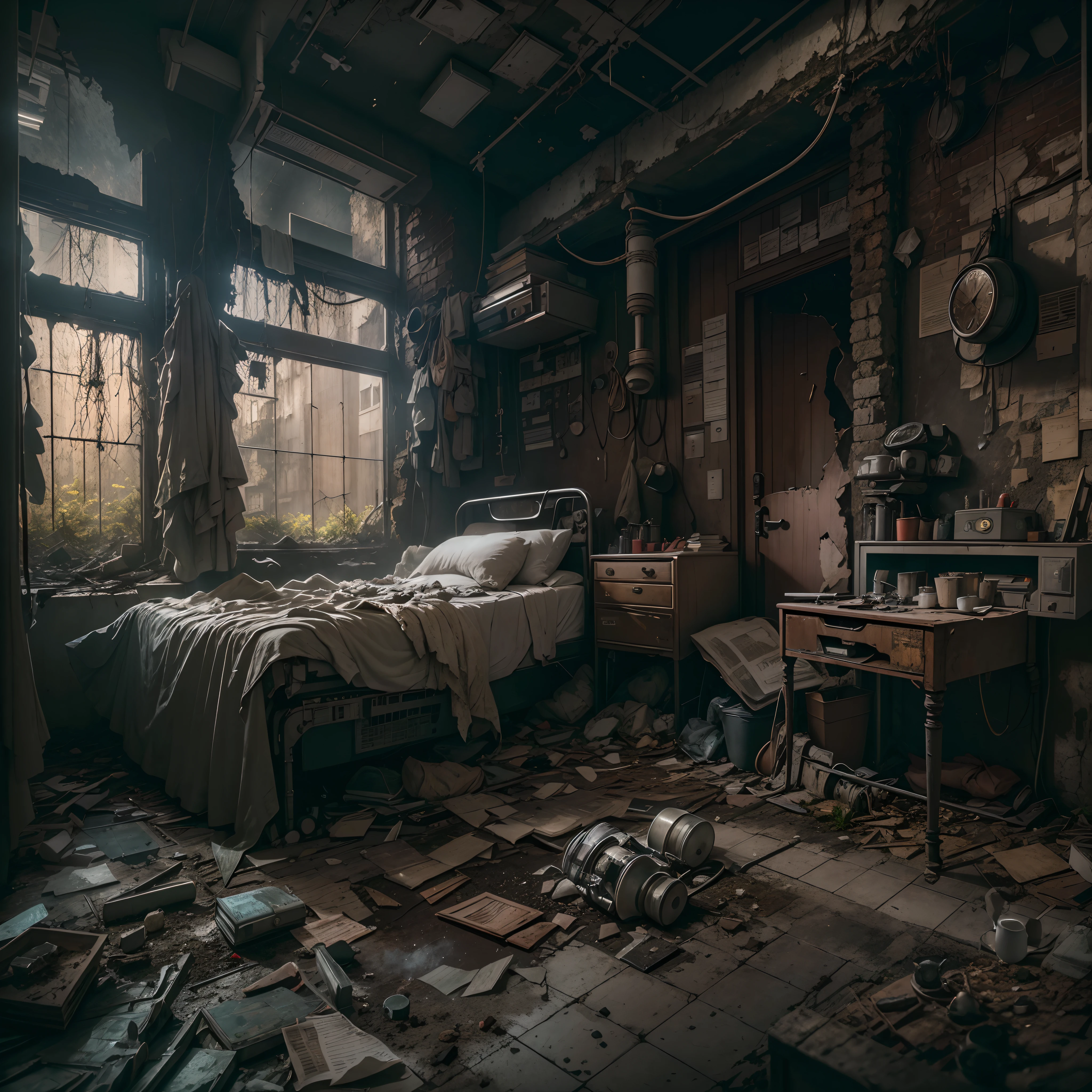 (best quality,4K,8K,high resolution,masterpiece:1.2),Super detailed,(actual,lifelike,photorealistic:1.37),Steampunk,Lighting,city View,abandoned,ruins,医院ruins,dystopian,futuristic,dark atmosphere,Towering buildings,wreckage,wires hanging,Smoky sky,overgrown vegetation,deserted street,Crumbling building,black wall,Weeds sprout,Debris was scattered all over the place,rotten furniture,Discarded medical equipment,broken window,shattered glass,ominous shadow,despair,Dusty floor,dimly lit corridor,unforgettable silence,lost hope,Epidemic of disease,despair的幸存者,Empty hospital beds,Recycling technology,temporary living space,post apocalyptic fashion,Doompunk singer,windbreaker,Leather goggles,gas mask,cybernetic limbs,Metal prosthesis,cogs and gears,Brass decoration,Steam-powered machinery,thing,mechanical marvel,Flashing street lights,The atmosphere is gloomy,Sepia color palette,Divine light shines through the broken ceiling,strong contrast,moody lighting.