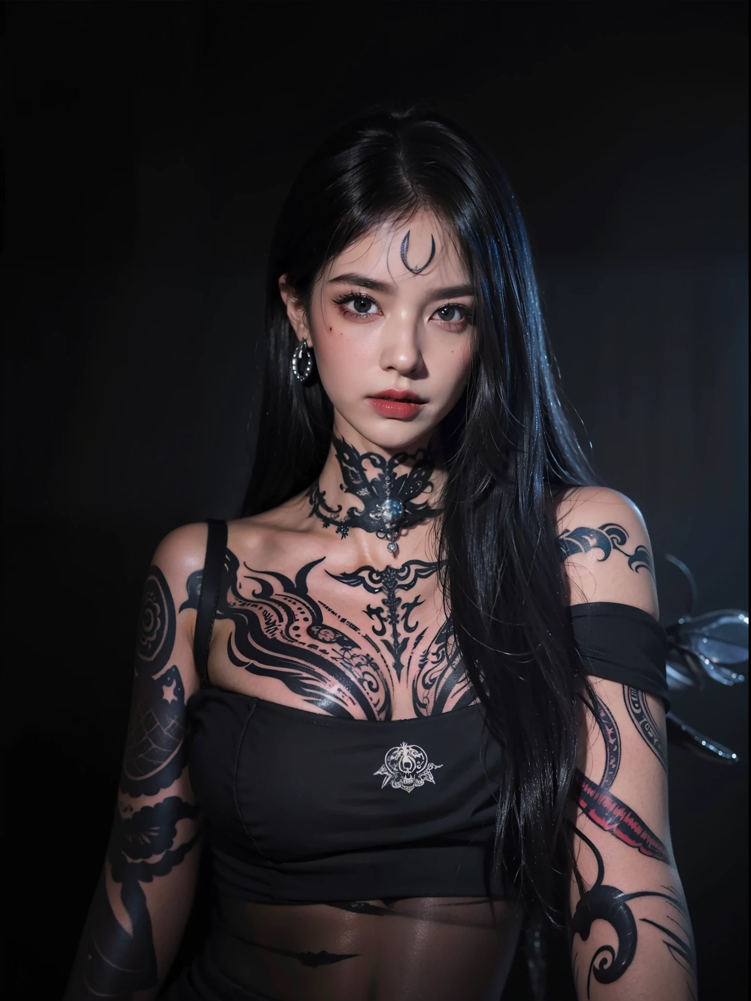 Detailed image quality，pandora witch，wing, succubus theme，堕落Angel，Excellent，scary，secret horror，tentacle，have eyes，uncanny valley effect，little beast blood moon，skeleton，vampire，Hellfire，dark queen，Angel，magician magic witch，black tattoo(whole body)，The tattoo is very three-dimensional，Gorgeous and intricate tattoo designs，tattoo queen