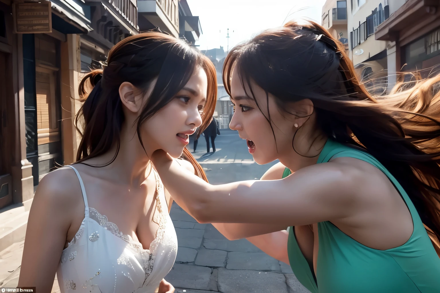 Brawl between two angry beauties,,dress,,outdoor,,A fight that hugs each other tightly,,