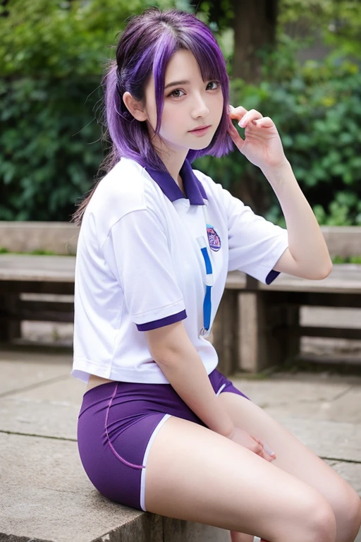 10th generation, sky blue aged bloomer、dirty bloomers、A small, old white T-shirt、Old pale red bloomers with two white lines on the sides、Slight cross-eyed、two girls、sports meeting、dark purple hair、Japanese、hair medium straight、 skinny、embarrassed look、brown eyes、delicate、small butt sticking out、thin thighs、spread legs、gym uniform, not sensitive