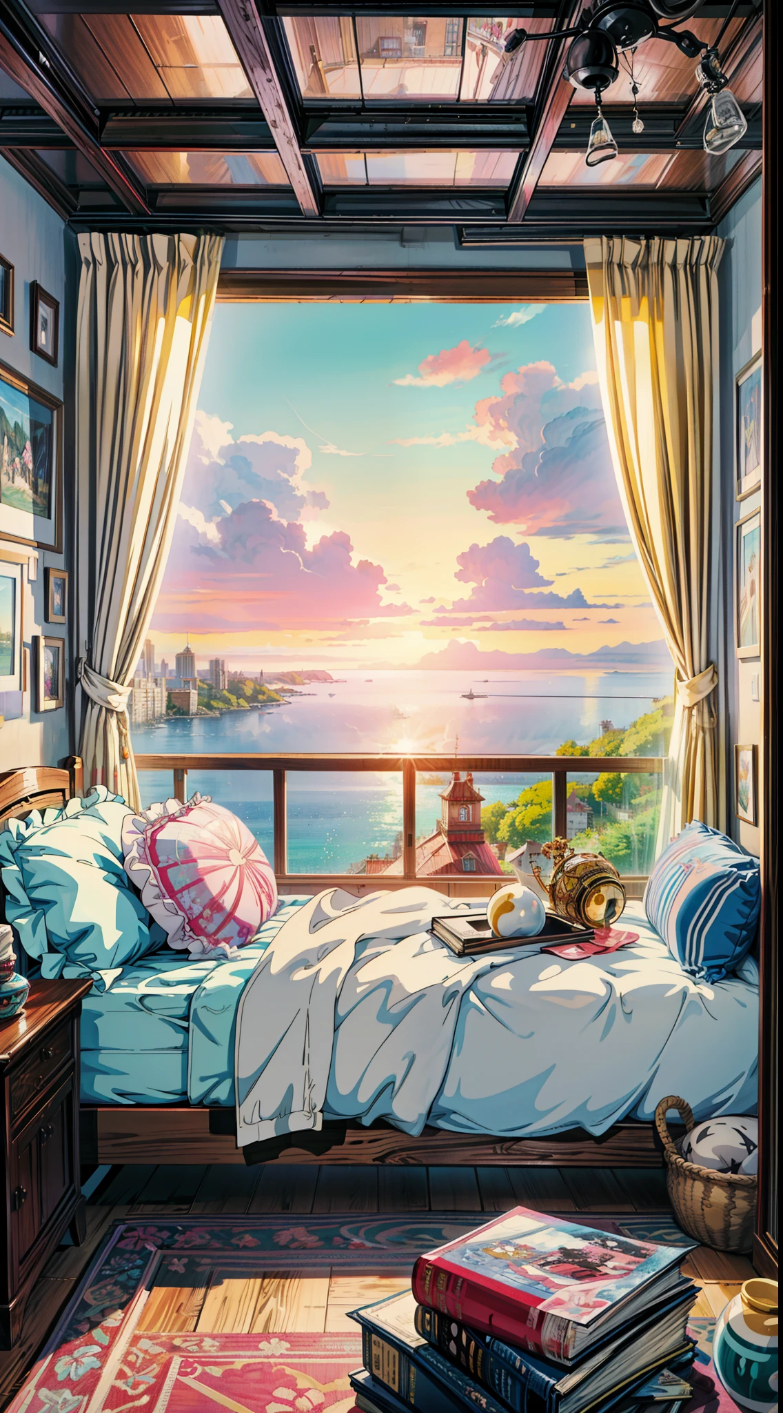 a bedroom with a view of the ocean, personal room background, anime. by makoto shinkai, a sunny bedroom, alena aenami and artgerm, anime scenery, by Makoto Shinkai, by makoto shinkai, bedroom background, dream scenery art, anime landscape, bedroom in studio ghibli, makoto shinkai and artgerm, 4k hd,, beautiful art uhd 4 k, a beautiful artwork illustration, beautiful digital painting, highly detailed digital painting, beautiful digital artwork, detailed painting 4 k, very detailed digital painting, rich picturesque colors, gorgeous digital painting