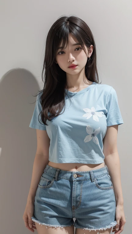 light blue thin flower pattern T-shirt , medium breast , big breast , blonde long hair , Jeans skirt