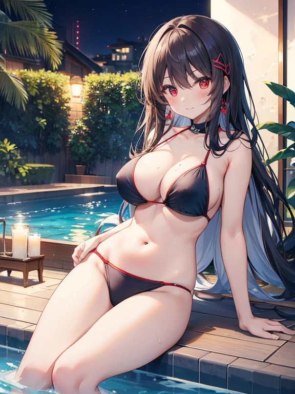 (Masterpiece:1.2, high quality), (pixiv:1.4), (1girl:1.2), (solo:1.2), (shenqi:0.6), ,
kasumigaoka utaha,Mature female body,red eyeshadow,large breasts, swimsuit under clothes, white hairpin,red eyes,blush,smirk,
out door,Swimming pool, top floor, (night:1.5), stars, lights, plants, potted plants, luxurious swimming pool,There are many beautiful girls in bikinis in the background