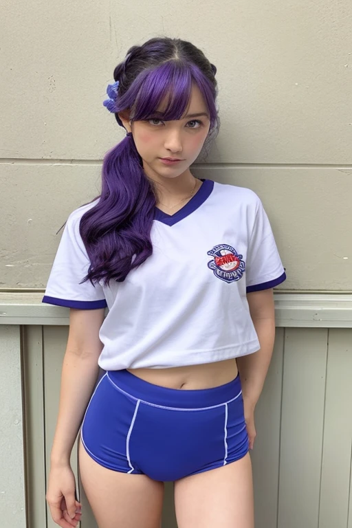 10th generation, sky blue aged bloomer、dirty bloomers、A small, old white T-shirt、Old pale red bloomers with two white lines on the sides、Slight cross-eyed、two girls、sports meeting、dark purple hair、Japanese、hair medium straight、 skinny、embarrassed look、brown eyes、delicate、small butt sticking out、thin thighs、spread legs、gym uniform, not sensitive