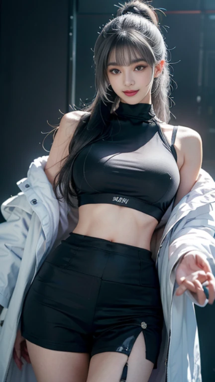masterpiece,best quality,high resolution,8 thousand,Focus on more than your thighs,RAW photos,digital photography,(Sci-fi style female family),20 year old girl,Long ponytail hairstyle,through bangs,(purple eyes),(gray hair),plump breasts,felling,elegant and noble,serious and indifferent,open white coat,black camisole bra,Rich details,shut up,Show me your belly button,Intricate ornaments,cyberpunk futuristic style,(female scholar),Photo Pose,white background,oc rendering reflection texture, smile