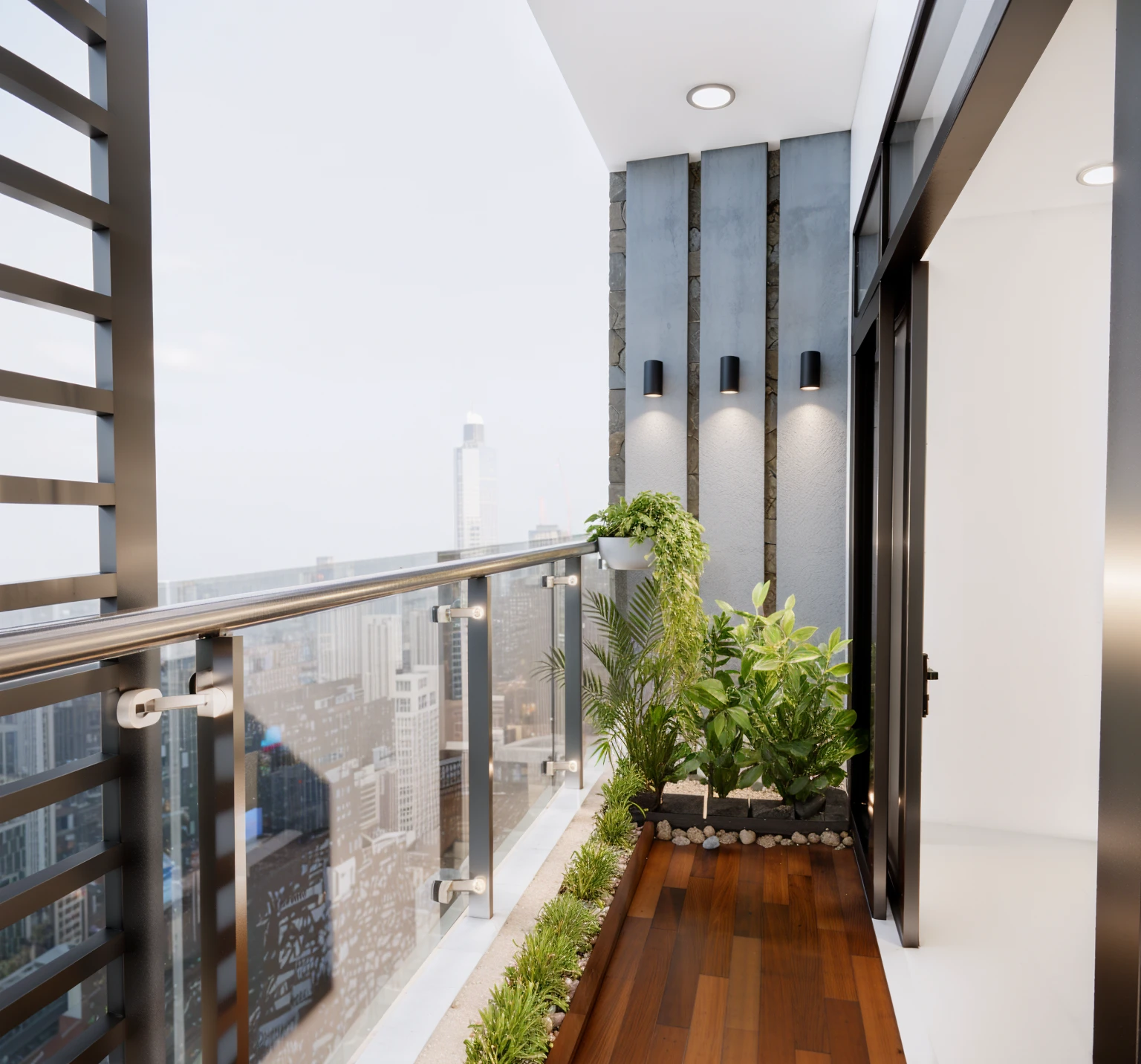 sunset ,glass railing, architecture, wall white, tone black, plant, gravel, rock, RAW photo, super realistic photo, 8k, DSLR, (high detailed skin:1.3), soft lighting, ultra quality, film grain, Fujifilm XT3, sharp image, best quality, authentic, high quality, 