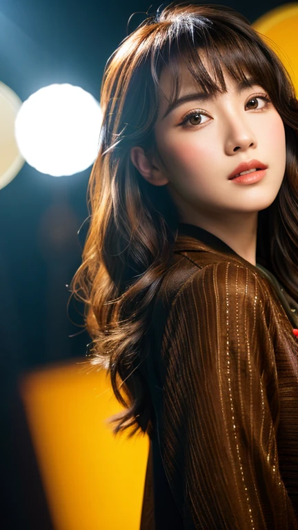 (RAW Photo, Best Quality), (Realistic, Photo Realistic: 1.3), Best Quality, Highly Detailed, Masterpiece, Ultra Detailed, 1 Girl, cowboy shot, Dynamic Angle, Extremely Detailed CG Unified 8k Wallpaper, Ink, Amazing, Movie upper_body, Dynamic Angle, World Mastery Theater, messy_long_hair, Best Quality, Extremely Detailed CG Unified 8k Wallpaper, Ink, Amazing, Movie Lights, lens_flare, dunhuang_style, Detailed Face, Beautiful Rendering of Tang Dynasty, (Deliberate expression: 1. 5), Standing in a flower field, (Looking up at the stars: 1.2), Fireflies, sony master shot, woman posing for photo in front of tv, brown hair and bangs, hi-res screenshot, nicovideo, normal hands, vivid colors, full face shot of limur tempest, nice studio lighting, vhs screenshot, beautiful fine face