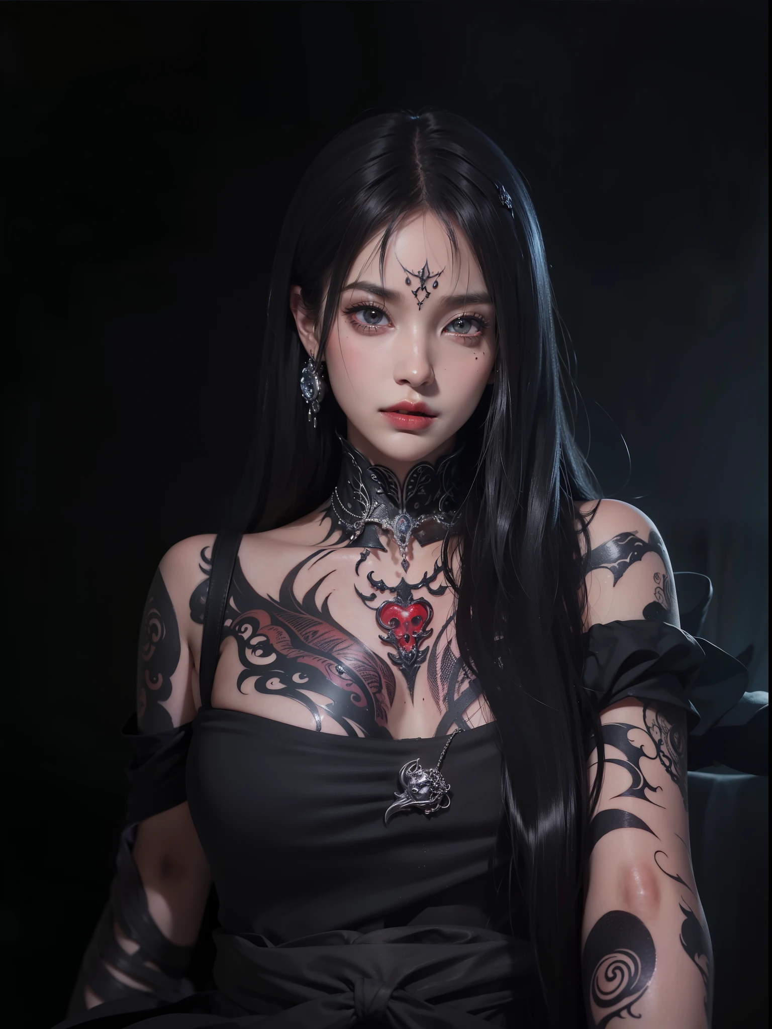 ((masterpiece、highest quality、Super detailed、High resolution、photorealistic、sharp focus、cinematic lighting))、Beautiful female alien from the world of Lovecraft、bust shot、vivid colors、sexy alien、multiple hands、(Lots of blue tentacles)、extraterrestrial creatures、protruding blood vessels、bio image、hair with tentacles、attractive thick eyebrows、 ((big red glowing eyes))、symmetrical eyes、sharp eyes、bright red lips、Smooth limbs、Intimate look、perfect anatomy、Beautiful toned body、moist skin、body covered in red mucus、There are scales on the body surface、Glamour、Black dress with a ferocious image、heavy makeup、long fangs、gorgeous face、many entangled tentacles、tattoo、SF、evil aura、H. R.Giger&#39;s influence、cthulhu、fractal、Vivid character、view audience、snake hair、snake eyes