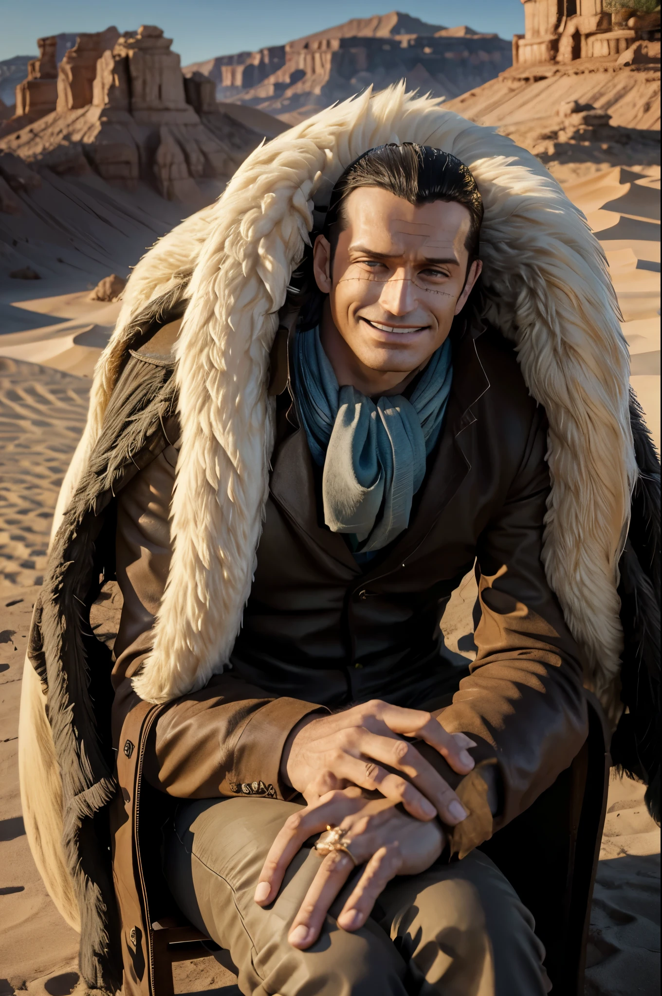 masterpiece, best quality, extremely detailed, hyperrealistic, photorealistic, a cool 40s man, ultra detailed face:1.2, fur-trimmed coat, scarf around the neck, his left hand is a golden pirate hook:1.1, desert, sitting on sand:1.1, sly smile