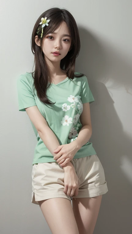 light green thin flower pattern T-shirt , Short pants , medium breast , long hair