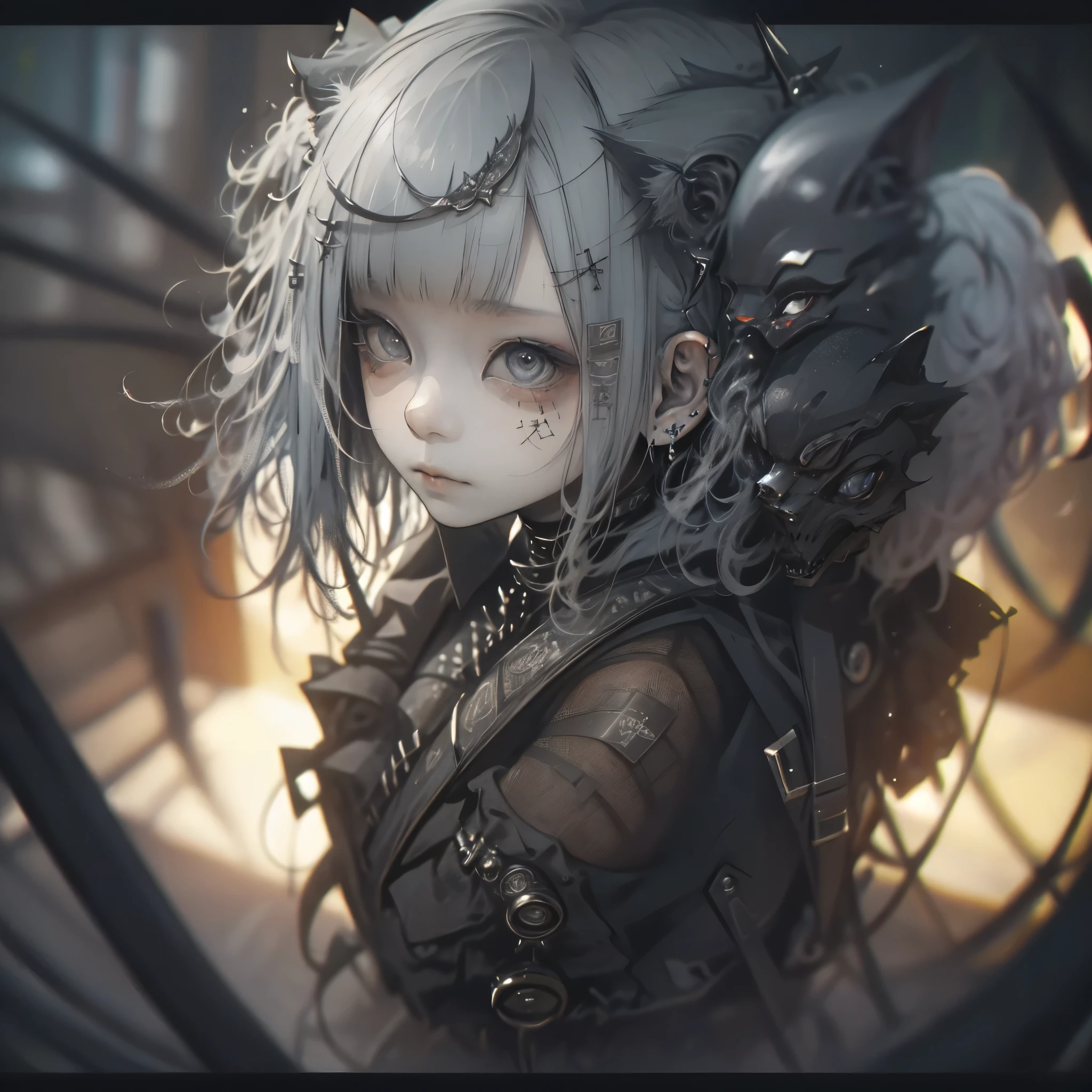top-quality、8K、masterpiece:1.3、Gothic punk、Red inner color、A dark-haired、hair adornments、a beauty girl、creative、dark fantasy style、Neogos、Goth Fashion:1.2