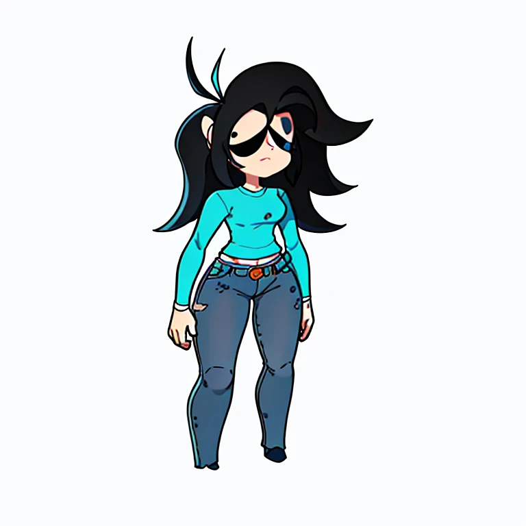 a cartoon girl with a blue shirt and jeans standing in front of a white background, single character full body, long haired humanoid fursona, full body character, valkyrie style character, simple cartoon style, character is in her natural pose, merged character, cel - shaded art style, unrealistic character concept, full body single character, character adoptable, full body adoptable