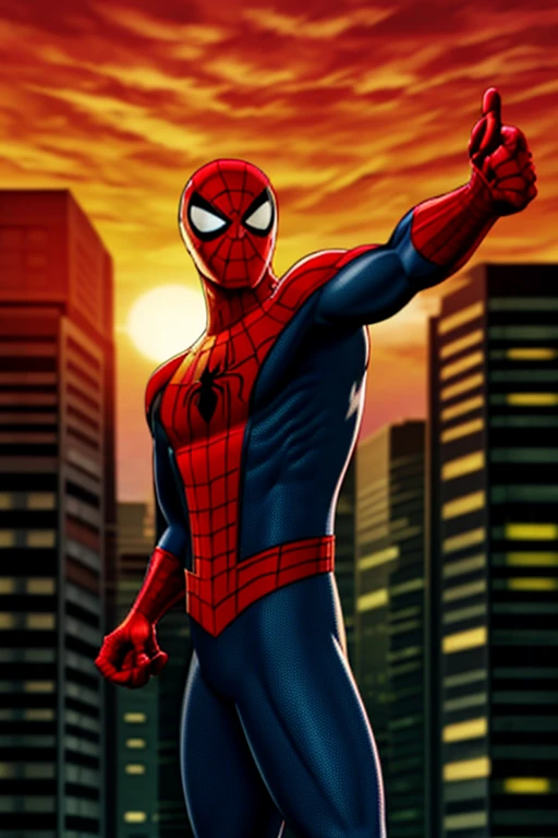 a portrait of spider-man from the ps5 game web swinging through the city during sunset, masterpiece, vibrant colors, high quality, 8k