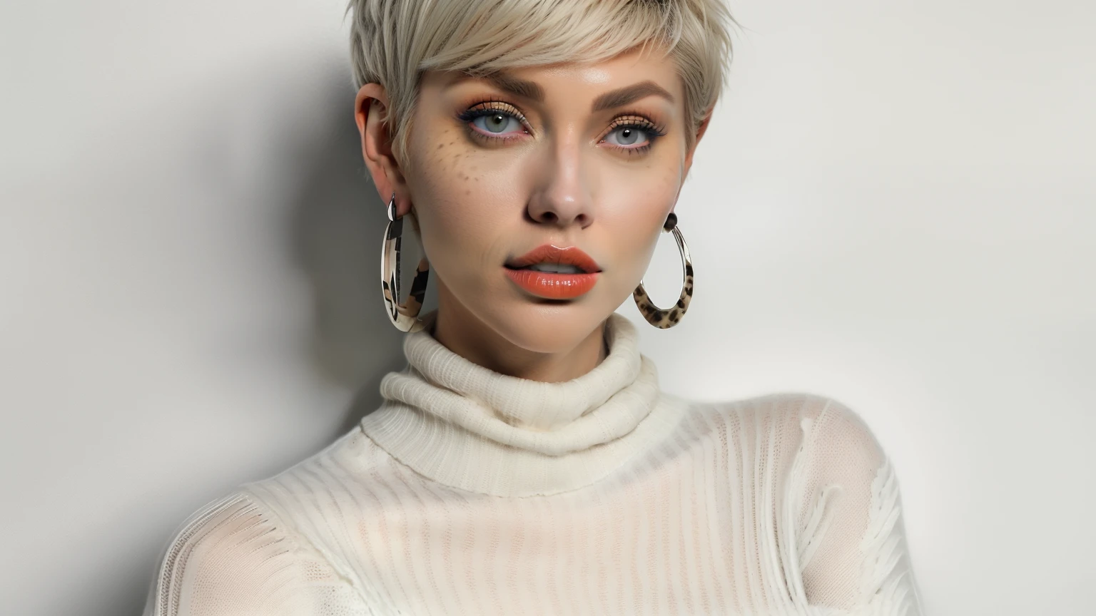 25 year old blonde girl with short pixie cut hair and big breasts wearing soft white turtleneck sweater, hoop earrings, happy, leopard background, full body, sexy lips, mesmerizing eyes , tongue sticking out , thin shirt .