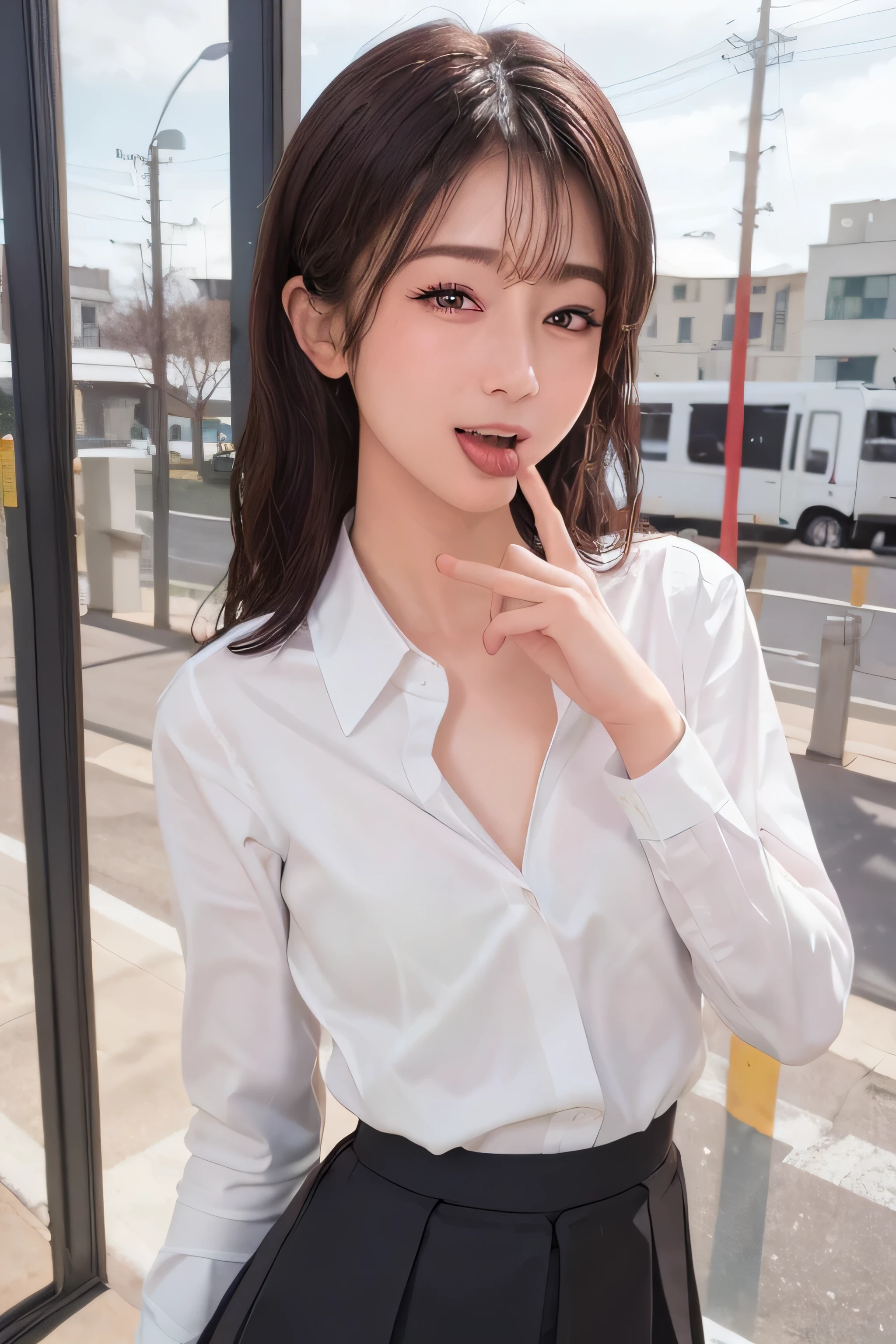 (masterpiece, highest quality, 8K, super dense skin, highly detailed eyes, highly detailed eyes, super detailed nose:1.4), 1 girl, brown eyes、JK uniform, wearing japanese , japanese girl uniform, japanese , wearing, wearing , (((ＢCup Chest)))、(((I&#39;thin)))、cute woman 24 years old、 (((small breasts)))、(((thin)))、(((8 life size)))、girl in uniform, magic , seifuku, cute high school girl, hyperrealistic , a hyperrealistic , realistic , magic 、(((Skirt flip)))、cute female teenager　(((Tongue sticking out wide)))、