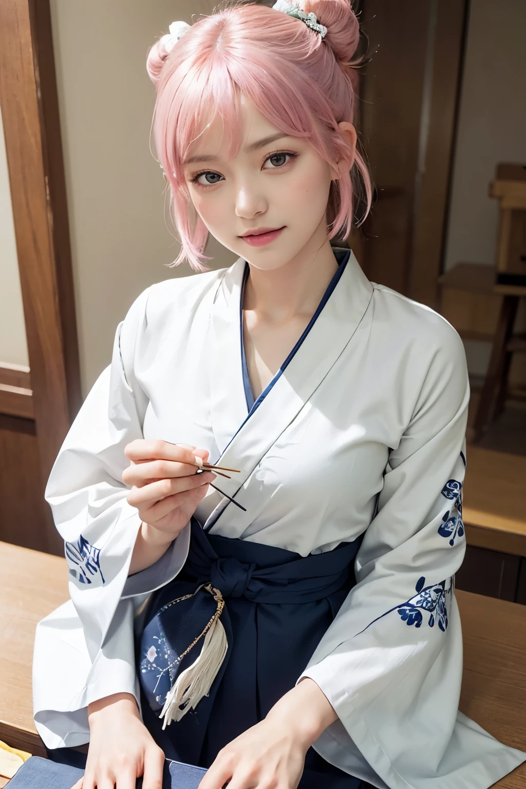 (8K, highest quality, masterpiece:1,2), (realistic, Photoreal:1.37), Super detailed, one girl,), (very detailed), (detailed and beautiful eyes), (highest qualityの), (Super detailed ), (masterpiece), (detailed face),20-year-old, ,1 girl, ((pink hair,very short hair)), medium breasts, dressed, perfect lighting, break (navy blue haori:1.3), (white collar:1.2), (three quarter sleeves:1.2), (white kimono:1.4), (nature motif pattern:1.2), (navy blue hakama:1.3), (Ankle length:1.2), (The hem is not too wide either、:1.2), (white obi:1.4), (simple knot:1.2), (white foot bag:1.2), (Black geta:1.2), (low height:1.2), (Easy to walk:1.2), (bun hair:1.2), (hair ornaments:1.2), (flowers and pieces of paper:1.2), break bun hair, flowers and pieces of paper hair ornaments, smile, friendly, looking at camera, hold soba with right hand, Holding chopsticks with left hand, Please do not put soup on the soba., In front of the soba shop counter, Wall with menu and photos, Natural light, Adding soft shadows to the face