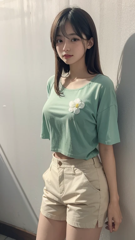light green thin flower pattern T-shirt , Short pants , medium breast , long hair