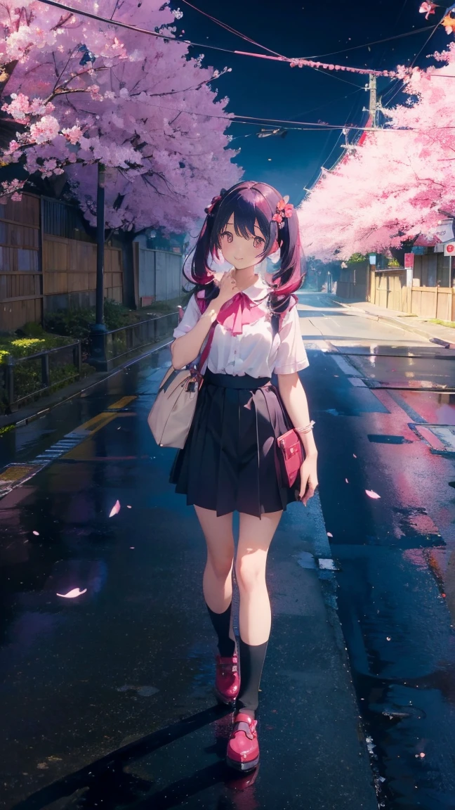 1 anime girl, alone,Black petals flutter, A mysteriously shining butterfly.city,bright pink hair,Red gemstone eyes,twin tails,thin legs,Gloomy cloudy sky,very clear,highest quality,smile,辺り一面のcherry blossoms,stand on the road,cherry blossoms,turn to the side,cherry blossomsミク,beautiful morning,Asahi