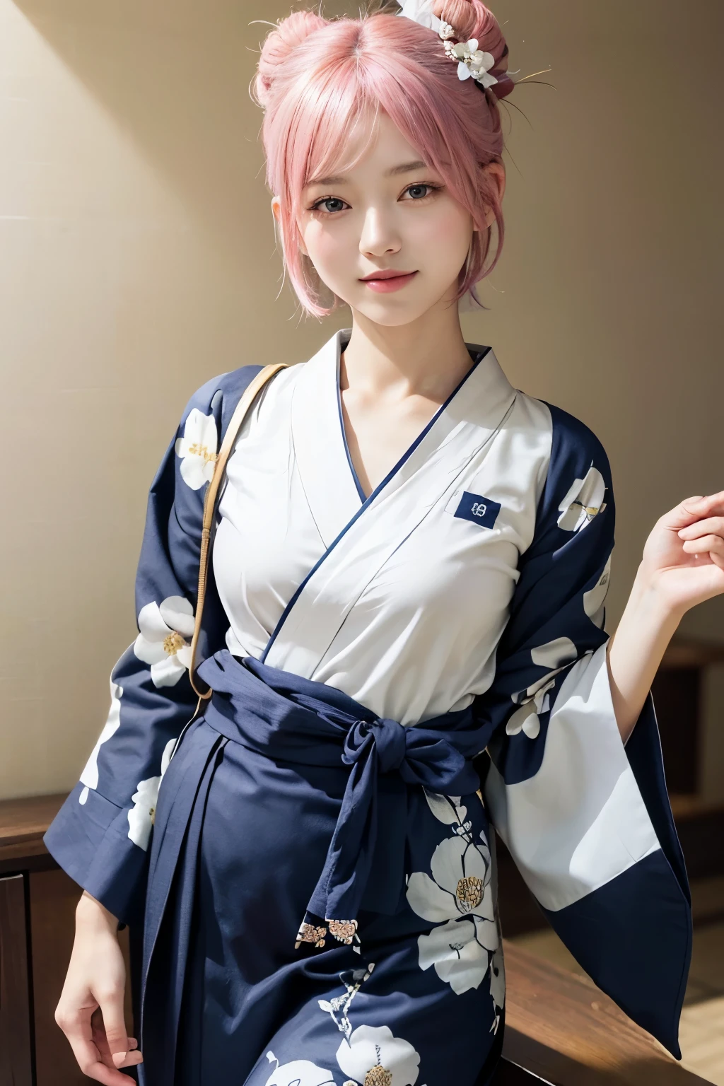 (8K, highest quality, masterpiece:1,2), (realistic, Photoreal:1.37), Super detailed, one girl,), (very detailed), (detailed and beautiful eyes), (highest qualityの), (Super detailed ), (masterpiece), (detailed face),20-year-old, ,1 girl, ((pink hair,very short hair)), medium breasts, dressed, perfect lighting, break (navy blue haori:1.3), (white collar:1.2), (three quarter sleeves:1.2), (white kimono:1.4), (nature motif pattern:1.2), (navy blue hakama:1.3), (Ankle length:1.2), (The hem is not too wide either、:1.2), (white obi:1.4), (simple knot:1.2), (white foot bag:1.2), (Black geta:1.2), (low height:1.2), (Easy to walk:1.2), (bun hair:1.2), (hair ornaments:1.2), (flowers and pieces of paper:1.2), break bun hair, flowers and pieces of paper hair ornaments, smile, friendly, looking at camera, hold soba with right hand, Holding chopsticks with left hand, Please do not put soup on the soba., In front of the soba shop counter, Wall with menu and photos, Natural light, Adding soft shadows to the face