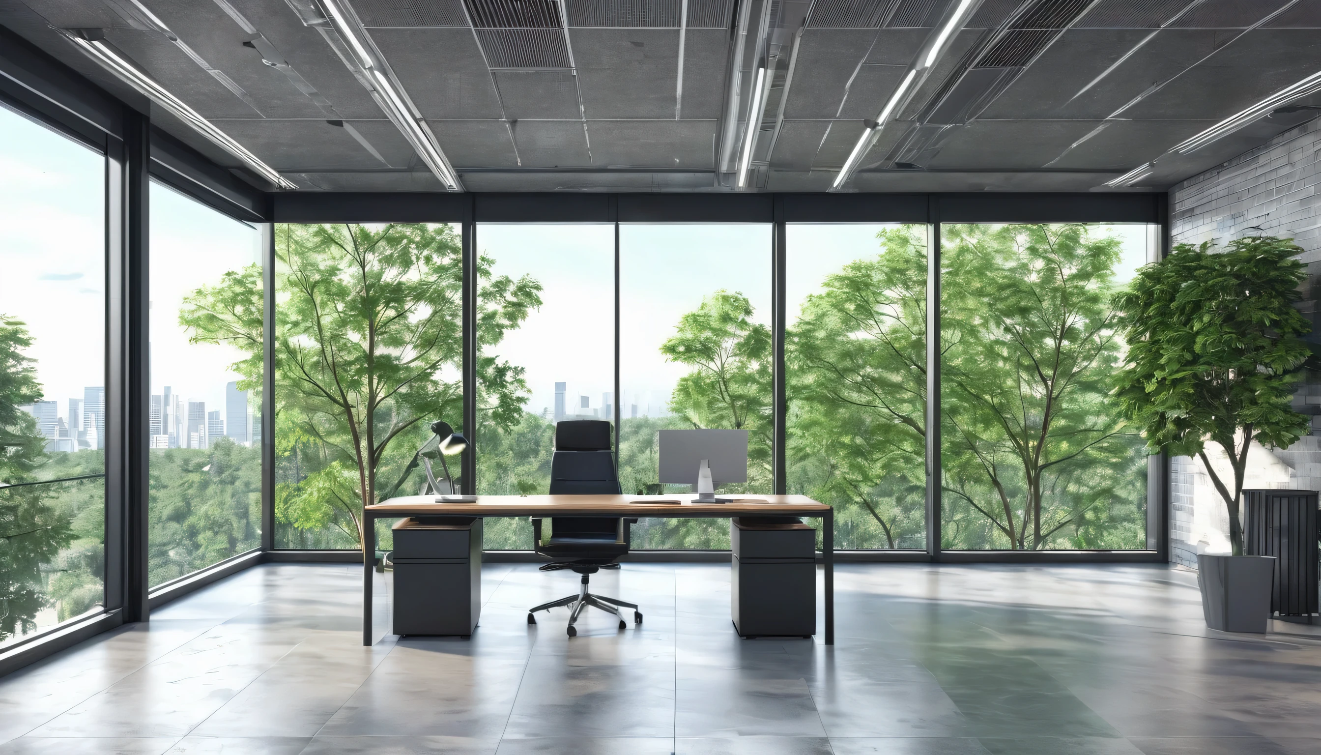 modern office interior with big window, city view and trees , front view , realistic , highly detailed & resolution , --style:raw