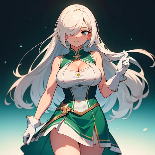 Women,white hair,Elongated hair and Lazio,hair over eyes,black eyes, breasts,Light Green short skirt dress with blue details, white gloves,green dress,sonrisa arrogante ,theet,