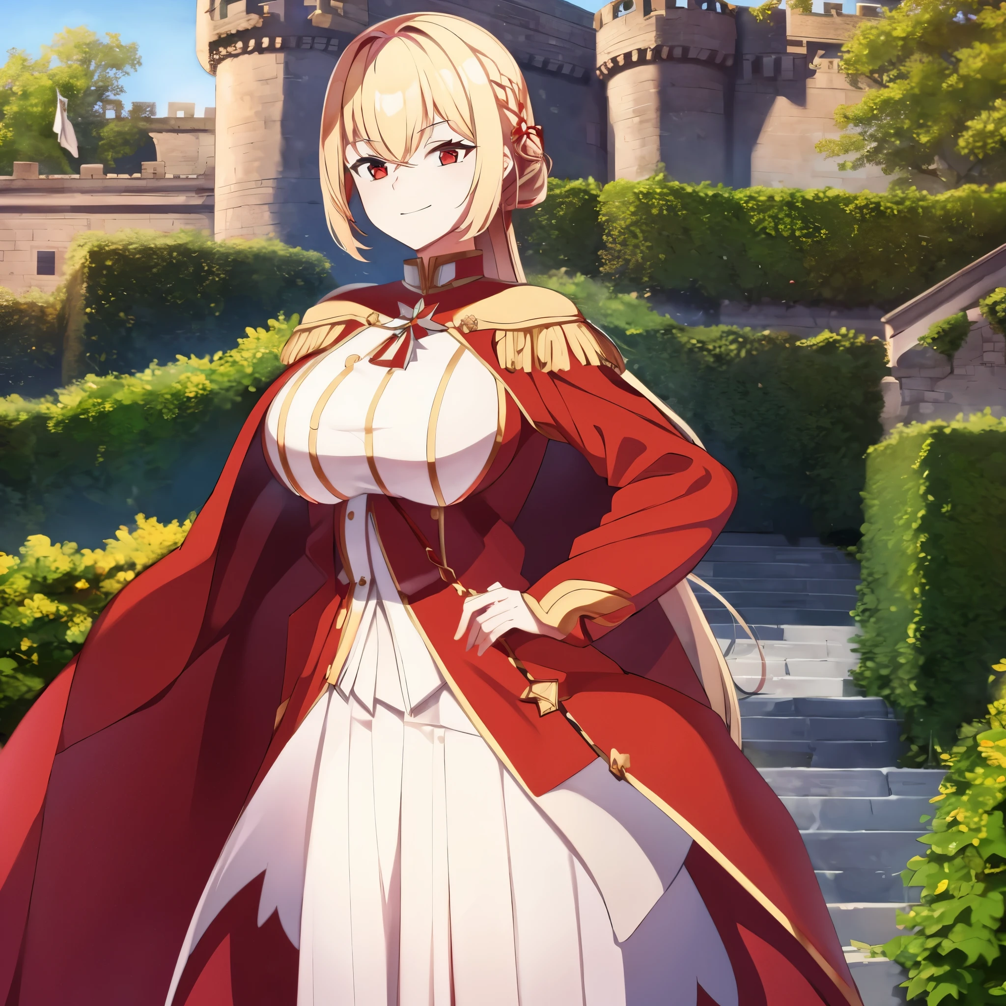a woman wearing a red military dress with white details, with golden shoulder pads, blonde hair, red eyes, smiling, outside a large medieval castle, in a very personalized garden,ultra detailed, ultra resolution, masterpiece, 4k HD, HDR.
