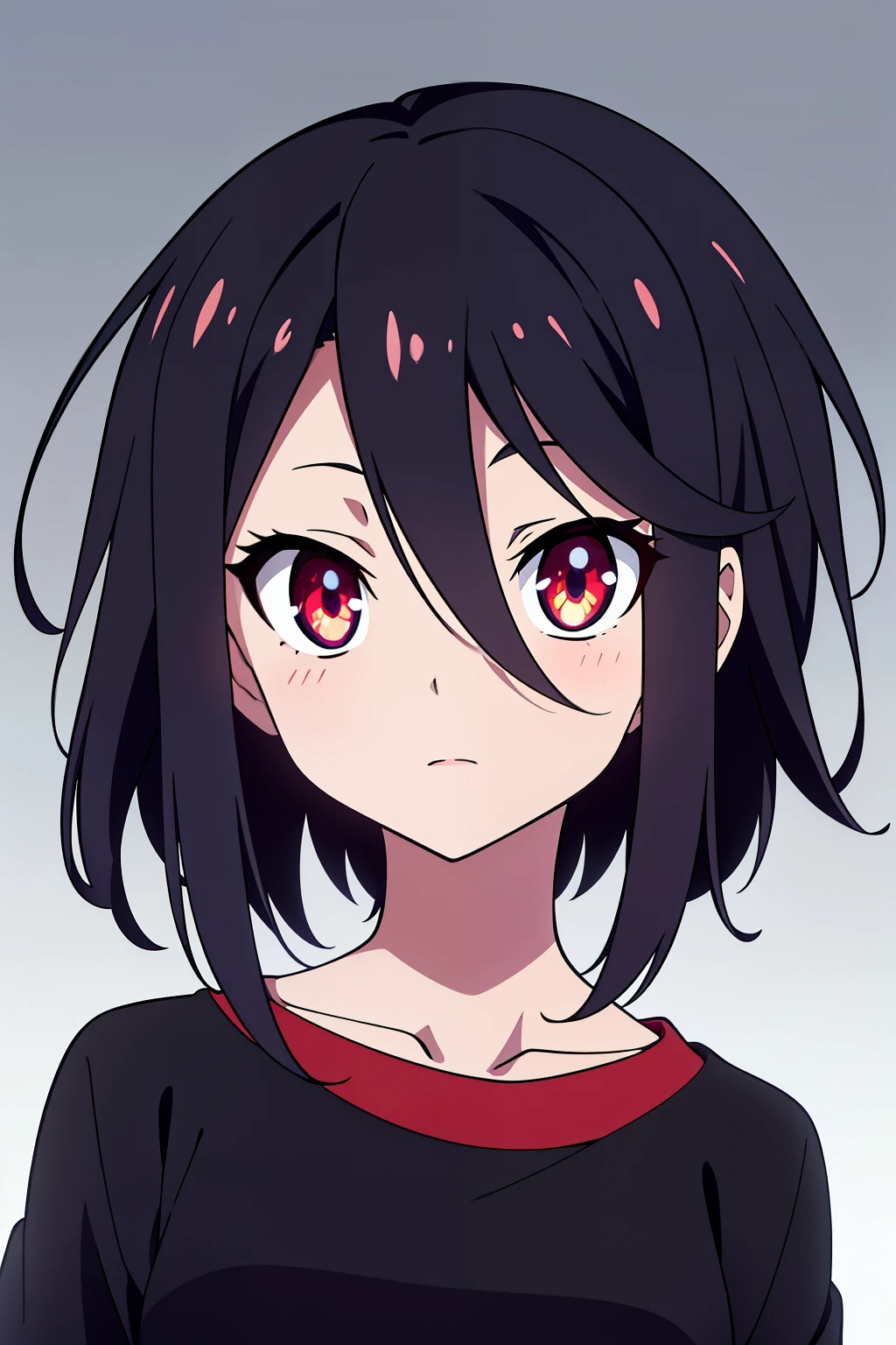 (high-quality, breathtaking),(expressive eyes, perfect face) 1girl, female, solo, kid age, age 7, black color hair, red highlight in hair, celestial skin, dark celestial skin body, void cosmic body, jet black skin, red eye color, short hair length, fluffy spiky hair, black short sleeved shirt, Symmetrical Eyes, childlike face, portrait, positive expression, grey background, hairstyle Ryuko Matoi, height 4"
