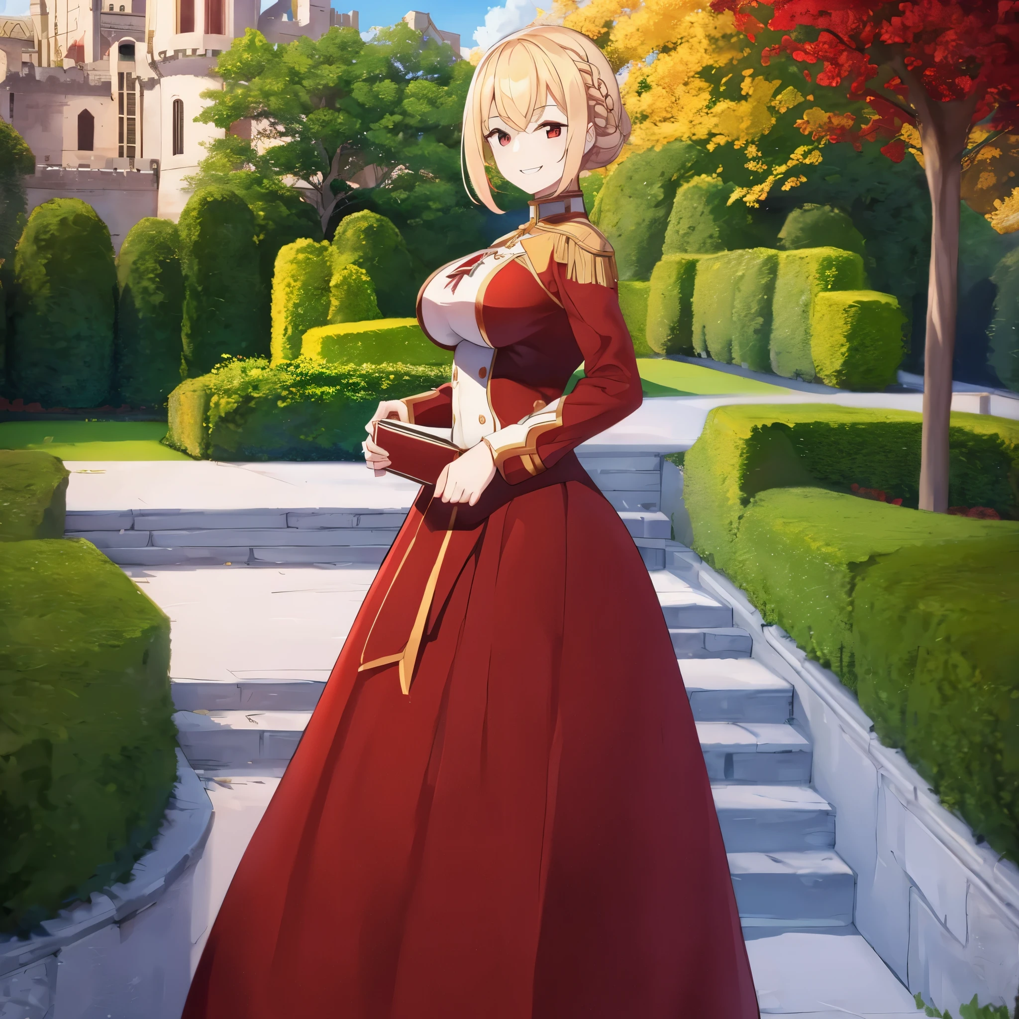 a woman wearing a red military dress with white details, with golden shoulder pads, blonde hair, red eyes, smiling, outside a large medieval castle, in a very personalized garden,ultra detailed, ultra resolution, masterpiece, 4k HD, HDR.