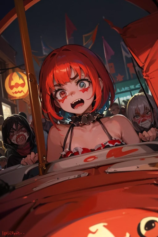 In the heart of a run-down carnival, a cartoonish clown car teems with frightened girls, each with wide, terrified expressions painted on their faces. The high quality and fine workmanship of the vibrant scene are on full display, as striking colors illuminate the moody lighting. Red noses and painted faces adorn the clowns, adding an air of spooky charm to the atmosphere. The circus theme echoes through the chaotic scene, where frightened girls cling to one another, their faces contorted with fear. The clowns' hilarious yet unsettling presence fills the confined space with panic-stricken energy, their scary faces contorted into long jag