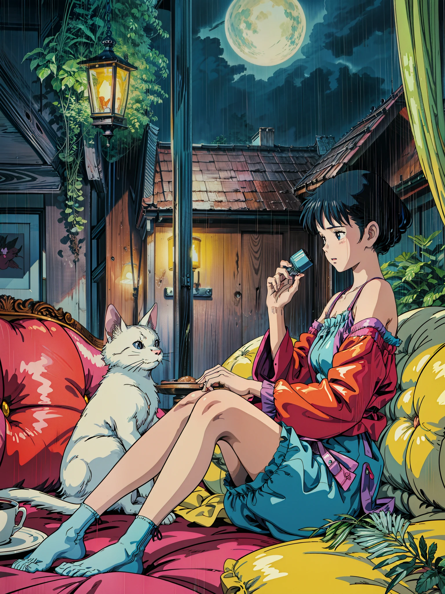 a woman sitting on a couch next to a cat, sad lonely mellow vibes, lofi girl aesthetic, cartoon moody scene, 9 0 s anime aesthetic, rainy evening, nostalgic melancholic artwork, rainy mood, calm night. digital illustration, rain aesthetic, rainy night, 1980's anime style, 90s mtv illustration, 8 0 s anime art style, 4k hd,, beautiful art uhd 4 k, a beautiful artwork illustration, beautiful digital painting, highly detailed digital painting, beautiful digital artwork, detailed painting 4 k, very detailed digital painting, rich picturesque colors, gorgeous digital painting